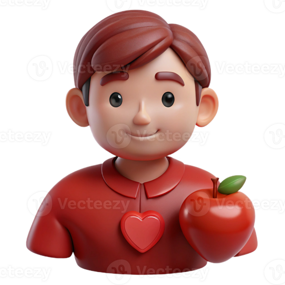 Smiling 3D Cartoon Character Holding an Apple and a Heart png