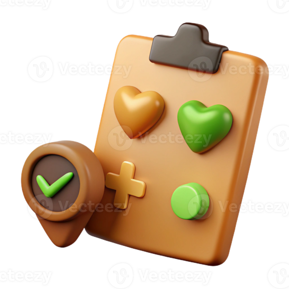 3D Render of a Clipboard with Hearts, Plus Sign, and Check Mark png