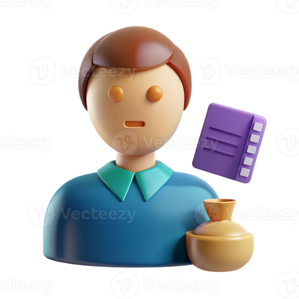 3D Cartoon Illustration of a Man Holding a Notebook and a Pot png