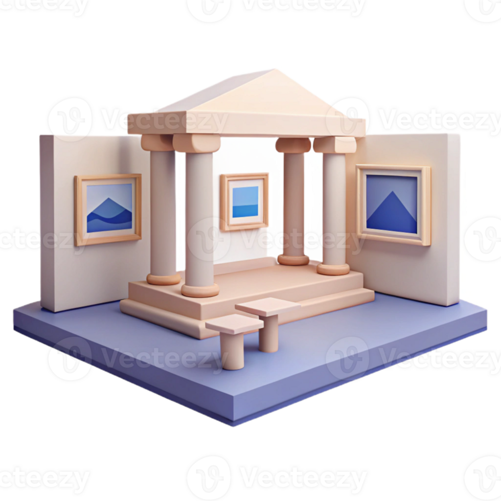 3D Render of Minimalist Gallery Space with Columns and Artwork png