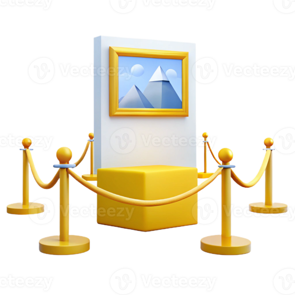 Golden Rope Barriers Surround a White Gallery Display with a Framed Image png