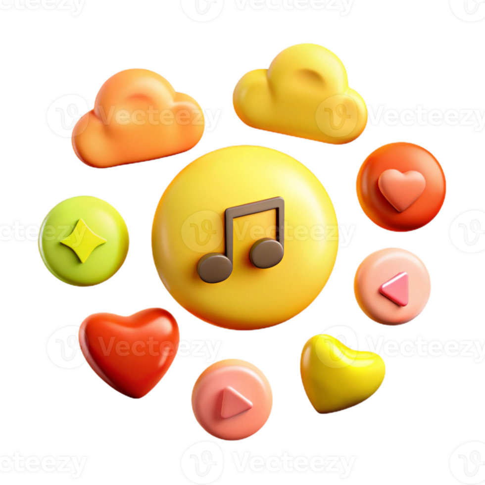 3D Rendered Colorful Icons Music Note, Hearts, Clouds, and Play Buttons png