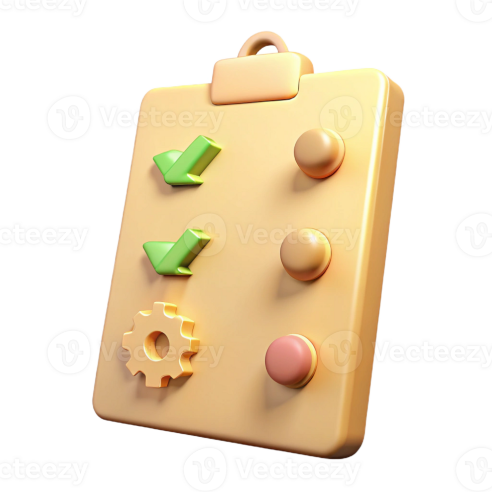 3D Checklist with Checkmarks, Gear, and Buttons png