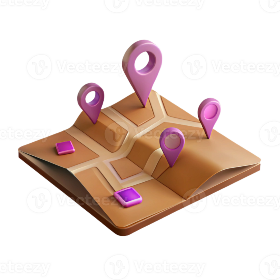 3D Rendered Map with Location Pins png