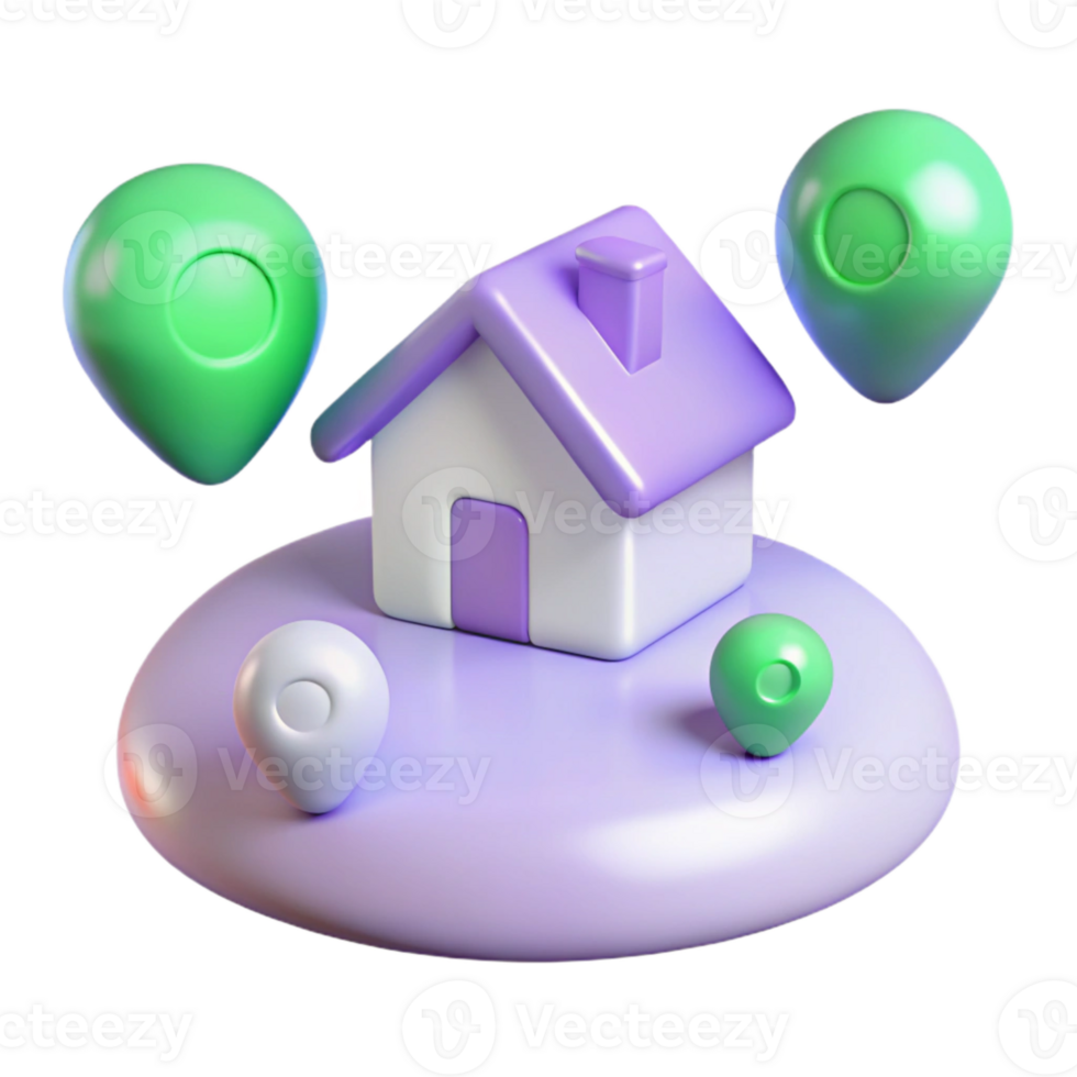 3D Render of a House with Location Pins png
