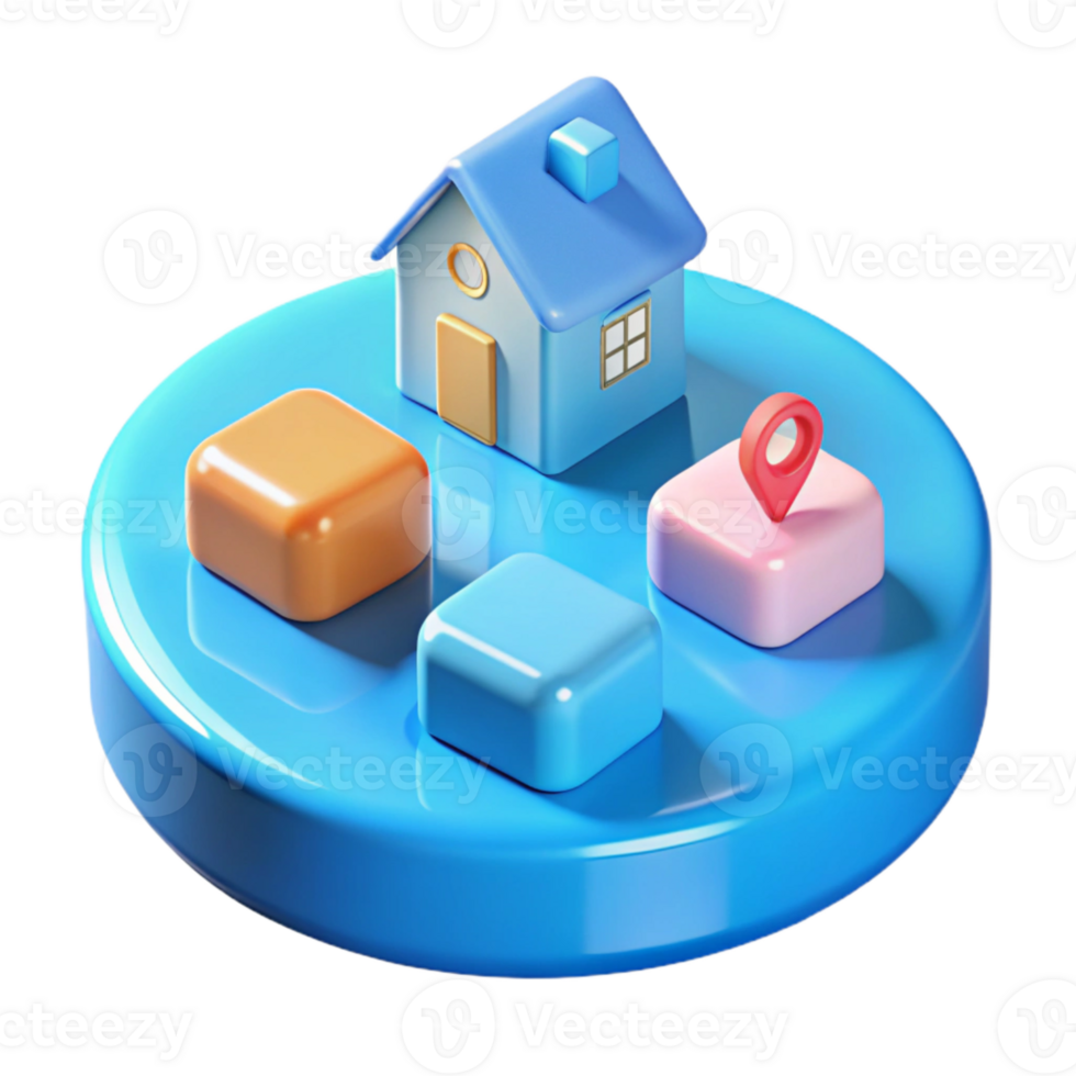 3D Render of a House with Location Pin and Geometric Shapes png