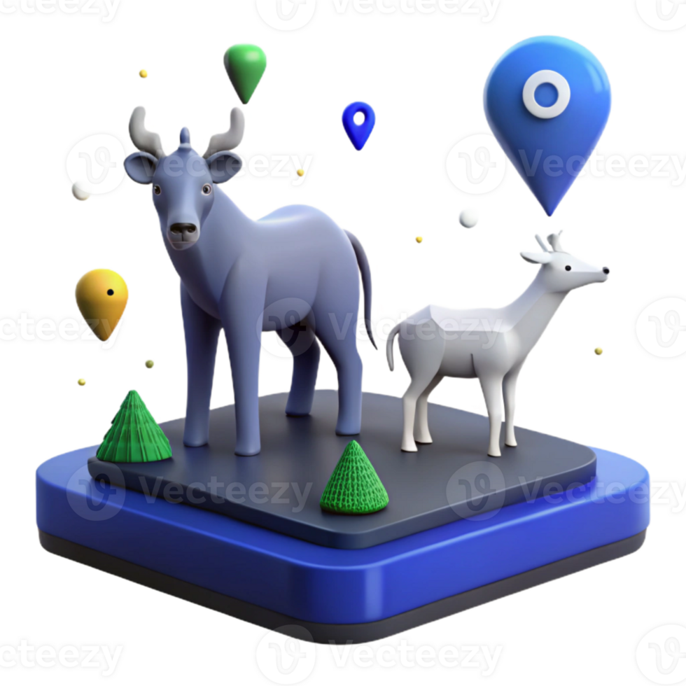 3D Rendered Animal Scene with Location Pin png