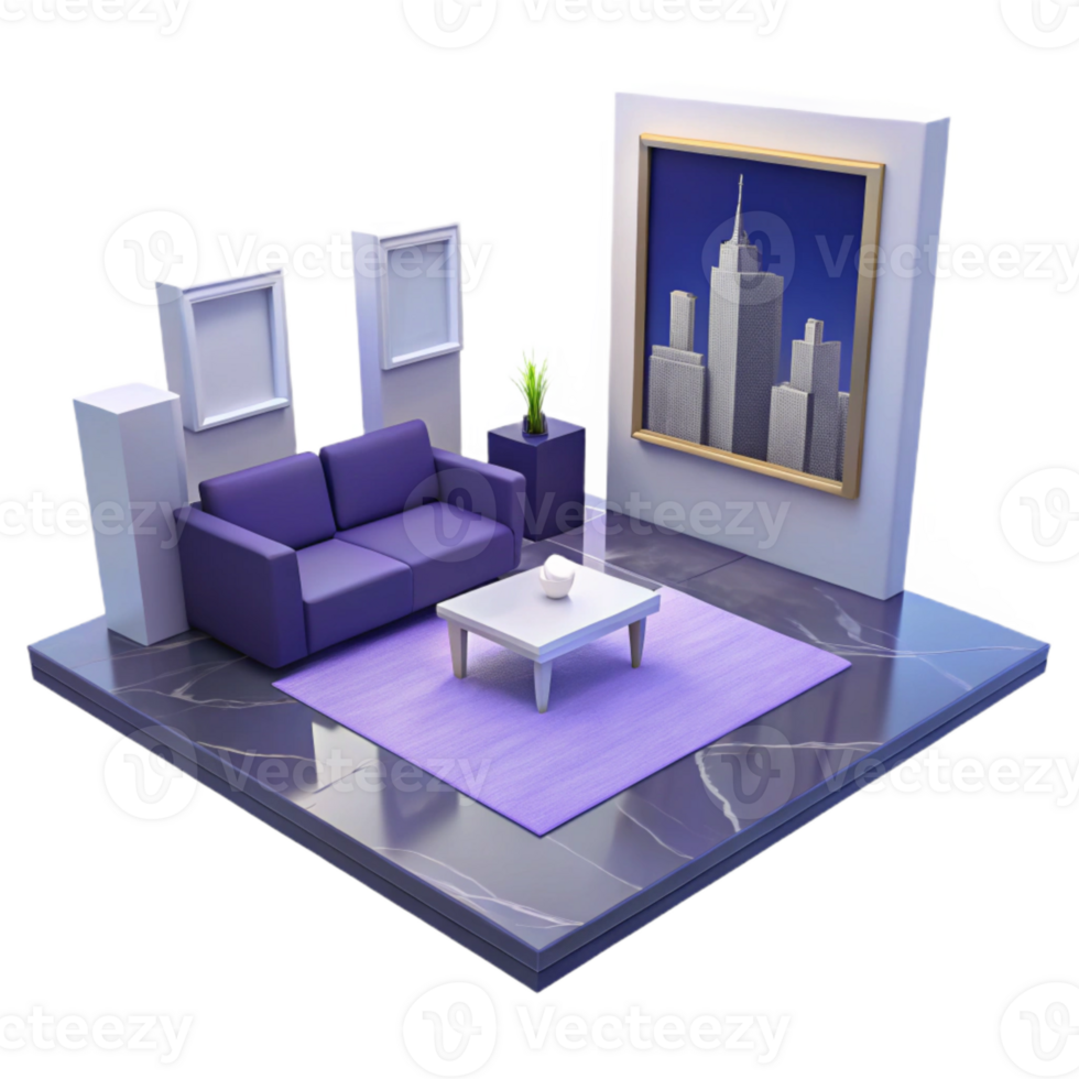 minimalistisch Leben Zimmer Innere Design mit lila Couch und Stadtbild Kunst png