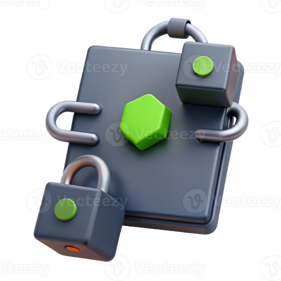 3D Illustration of a Secure Box with Padlocks, a Hexagon, and a Circle png