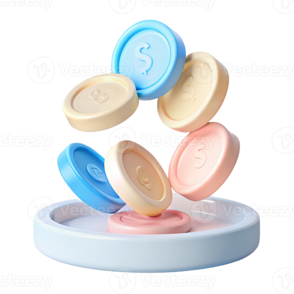 3D Rendered Coins on a Platform png