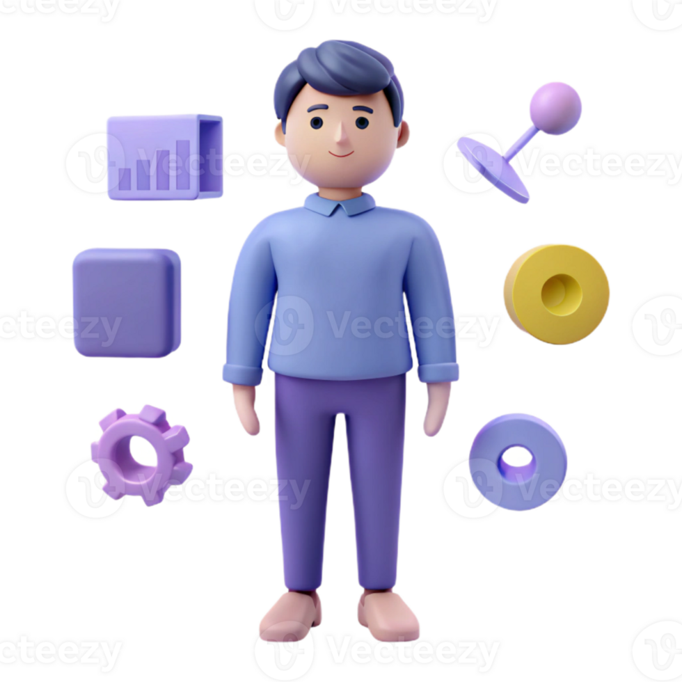 3D Character with Icons Business, Data, Settings, and More png