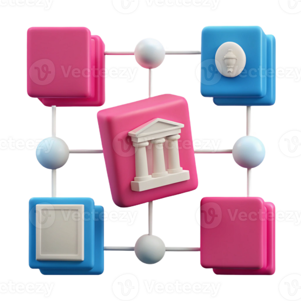 3D Rendered Abstract Network of Interconnected Squares and Circles png