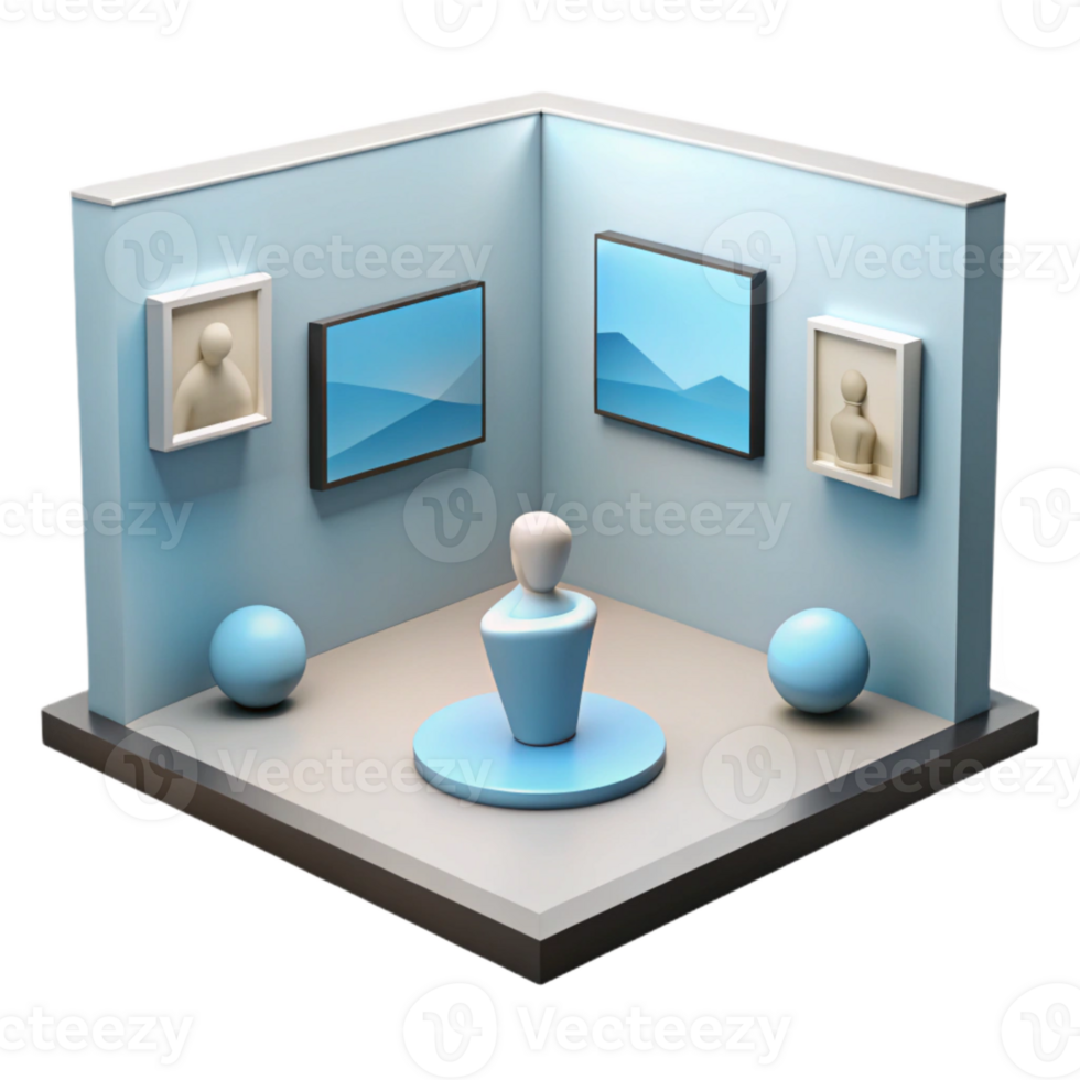 3D Minimalist Gallery Room with Blue Accents png