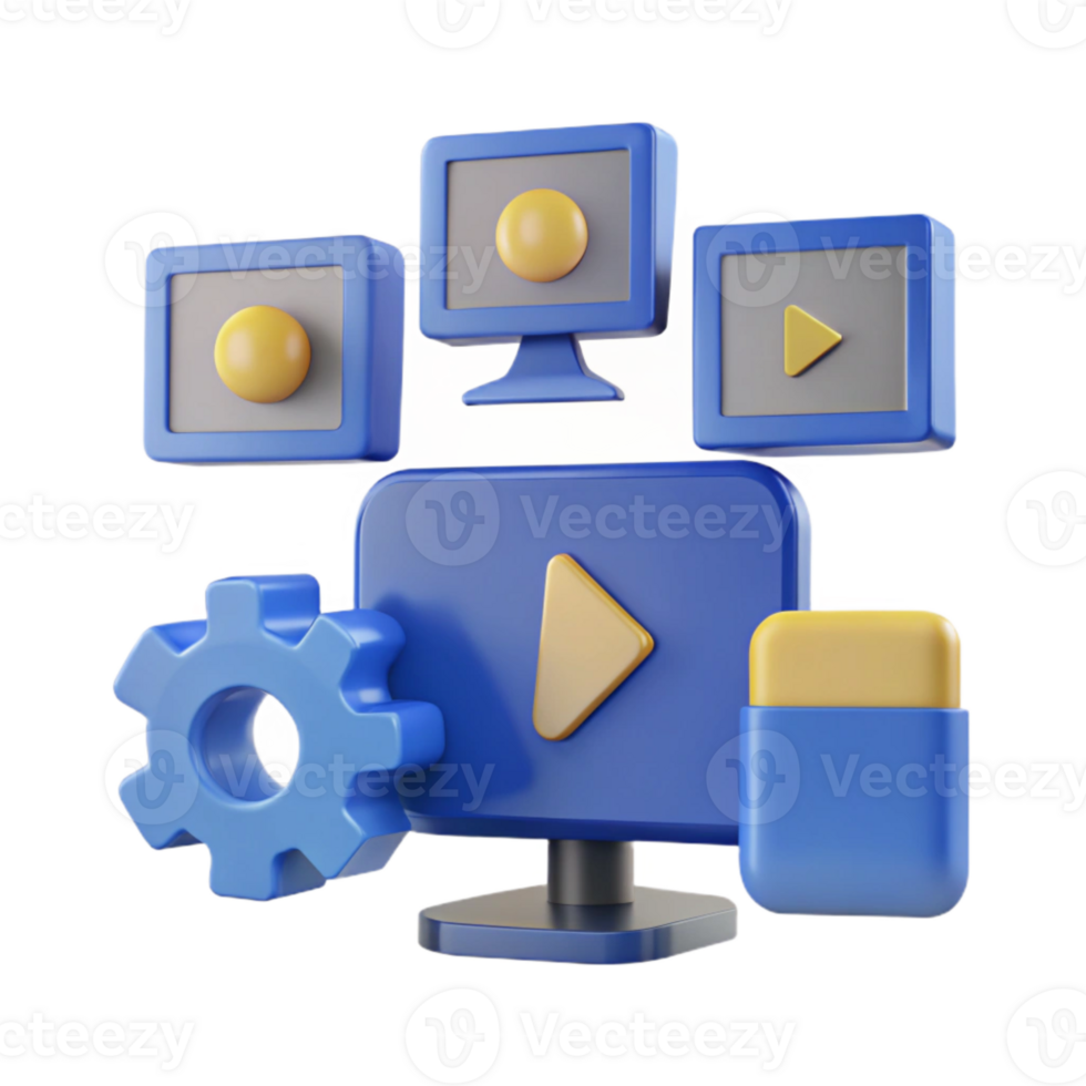 3D Rendering Computer Monitor with Play Button, Gear, and Other Icons png