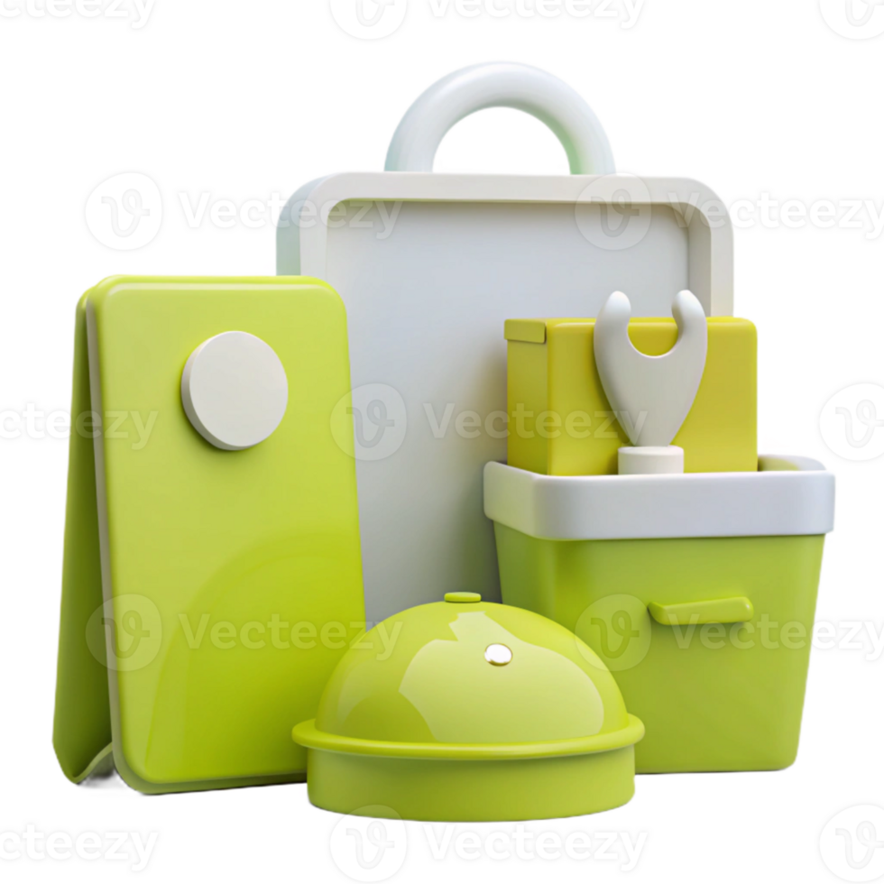 Green 3D Rendered Objects A Tote Bag, A Box, A Stand, and a Dome png