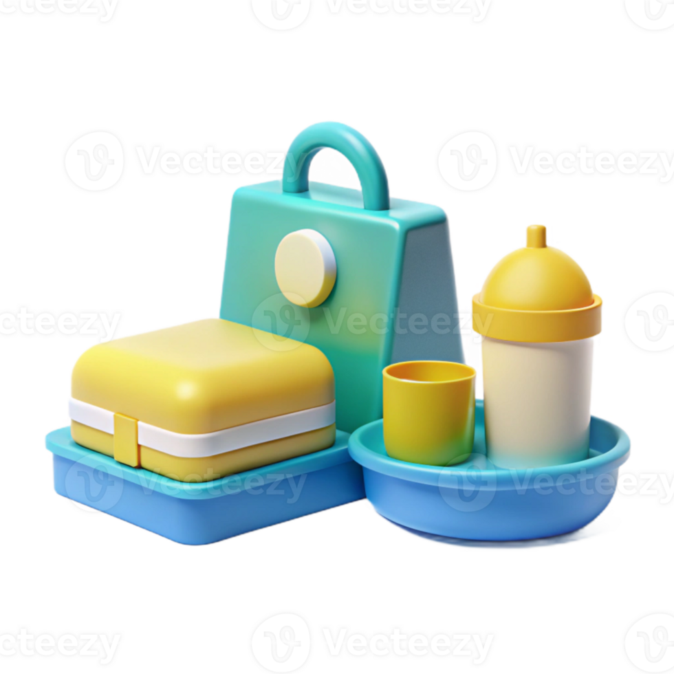 Colorful 3D Rendered Lunchbox Set with Container, Cup, and Bottle png