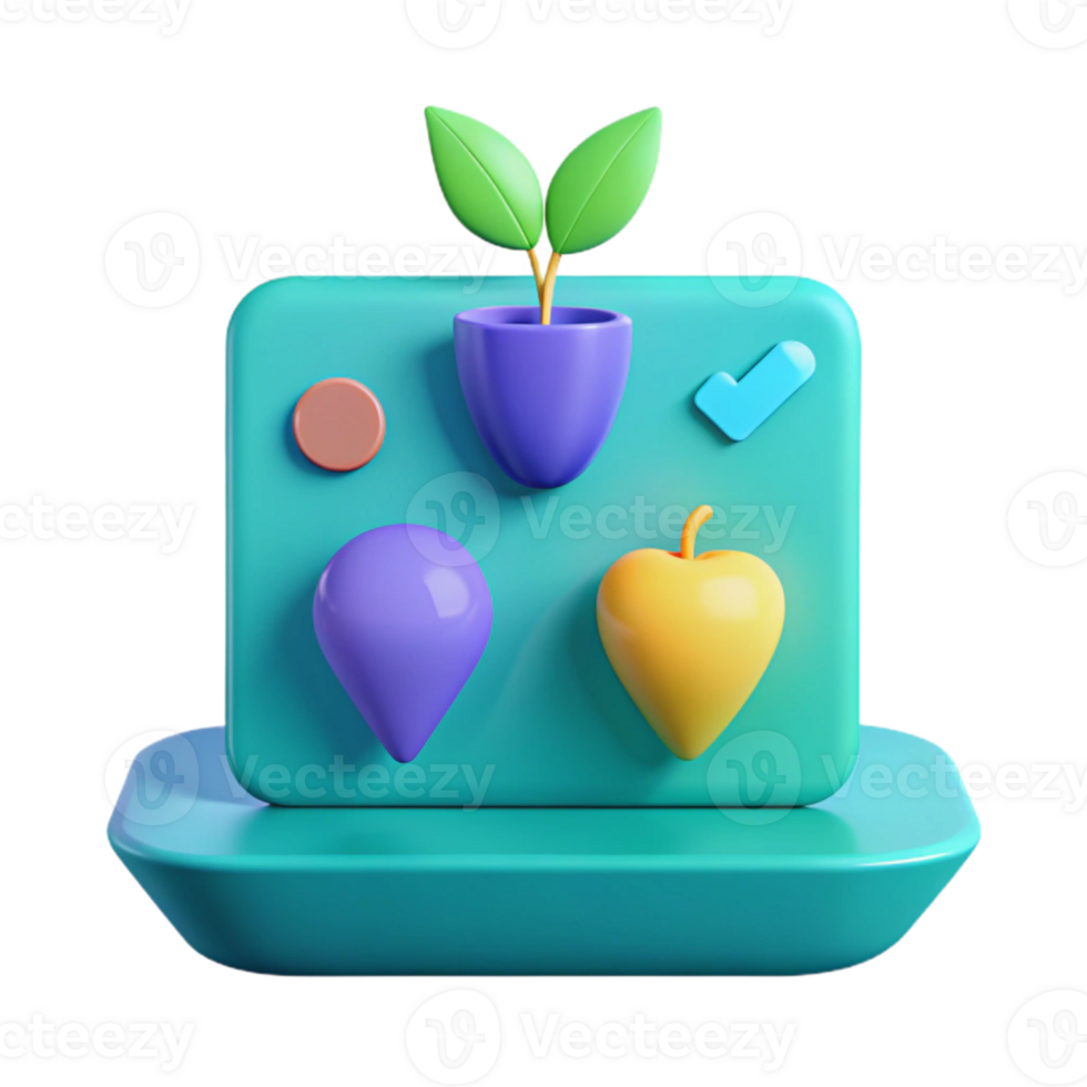 3D Render of a Teal Desktop with a Growing Plant, Apple, Checkmark, and Other Shapes png