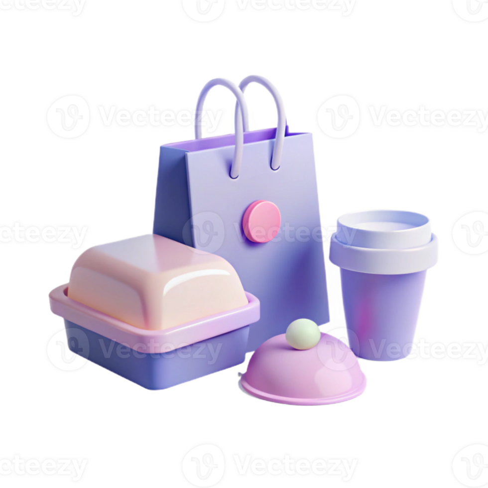 3D Render of a Shopping Bag, Food Container, and Coffee Cup png