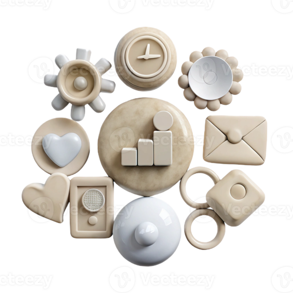 3D Rendered Icons Heart, Clock, Bar Chart, Mail, Gear, Circle, Lock png