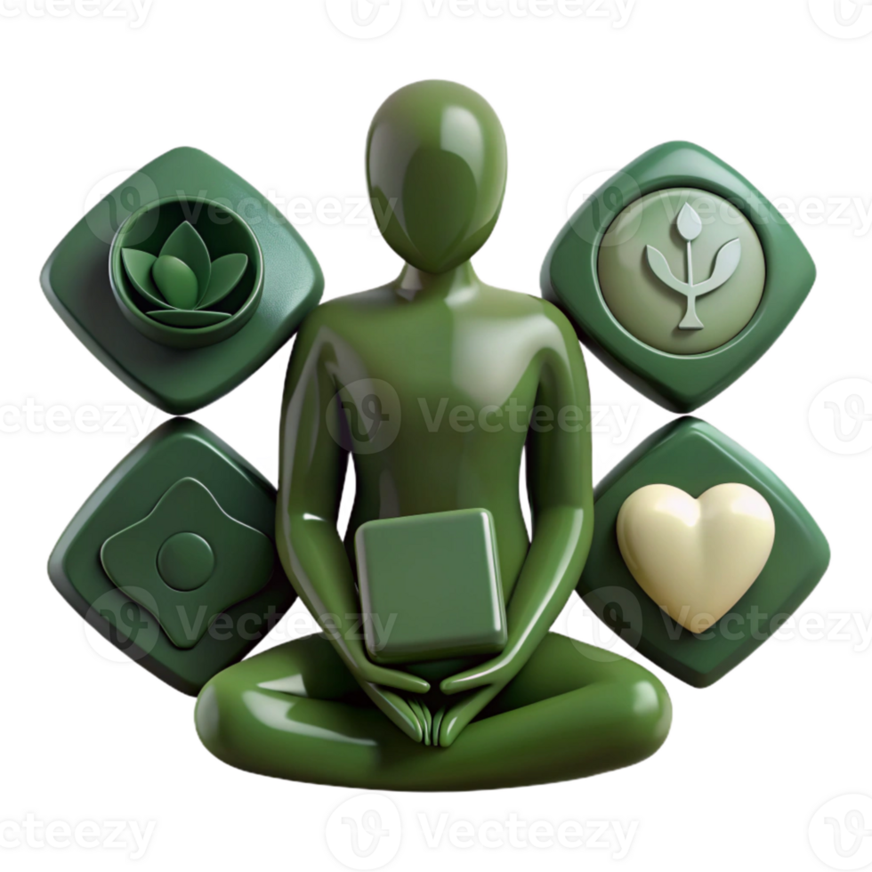 Green 3D Rendering of a Person in a Meditation Pose Surrounded by Symbols png