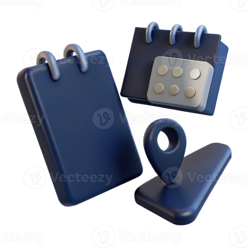 3D Calendar, Location Pin, and Notepad Icons png
