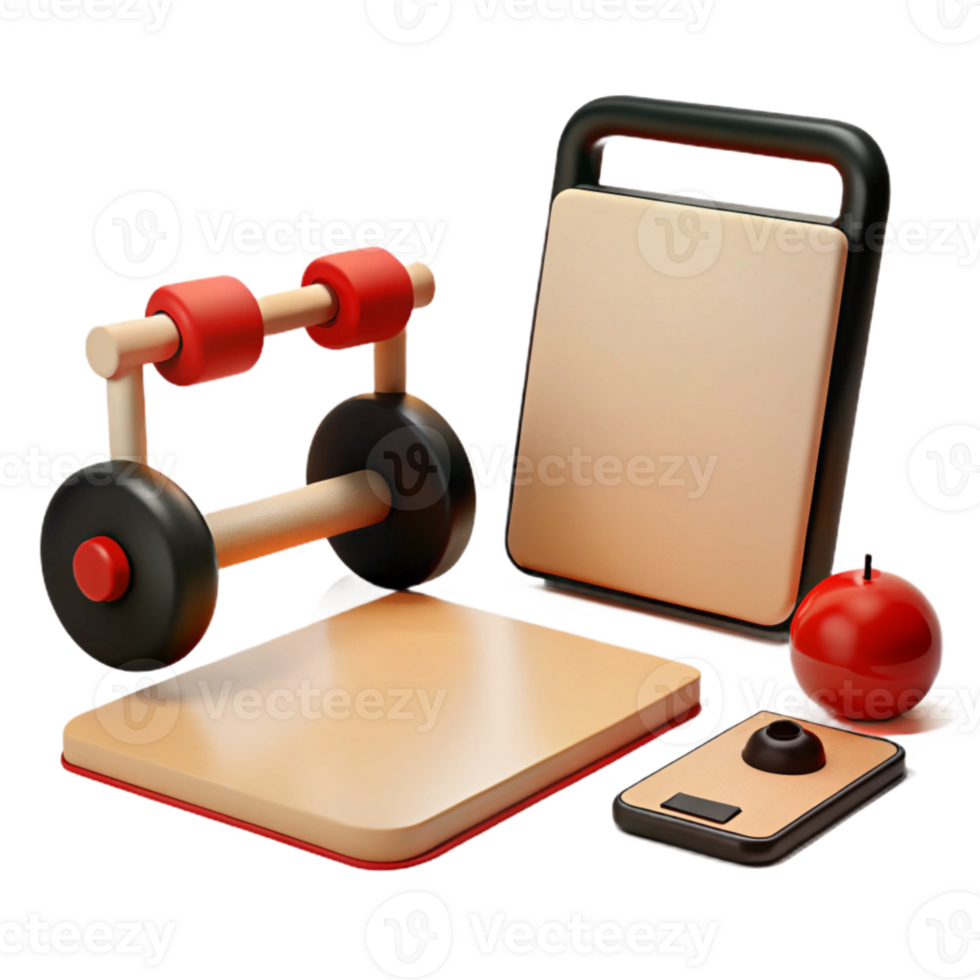 3D Illustration of a Fitness Equipment Set with Dumbbell, Platform, and Scale png