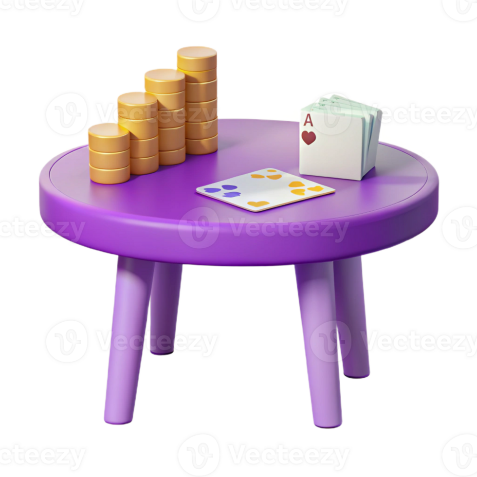 3D Render of Purple Table with Gold Coins, Playing Cards, and Dice png