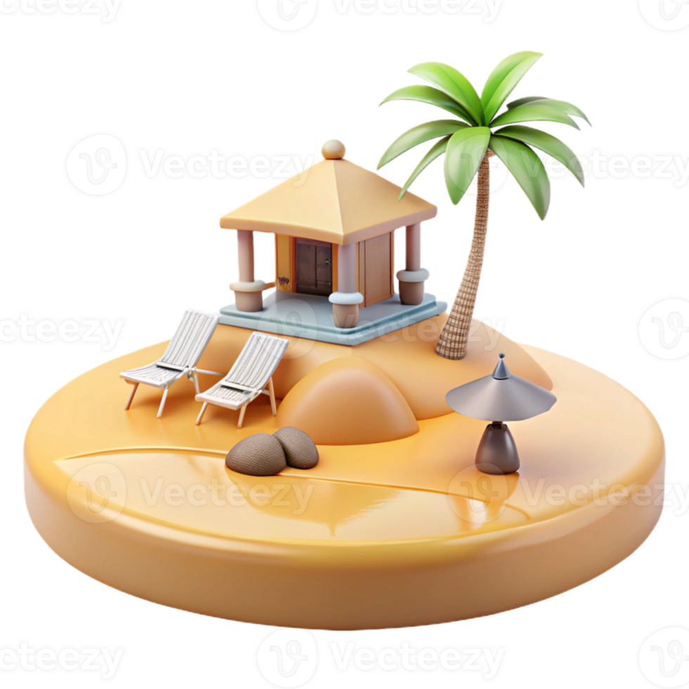 Tropical Island Getaway Beach Hut, Palm Tree, and Lounge Chairs png