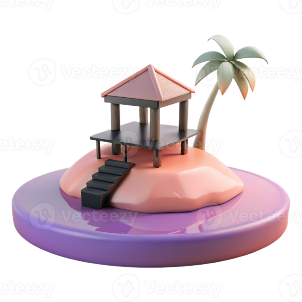 3D Render of a Tropical Island with a Gazebo and Palm Tree png