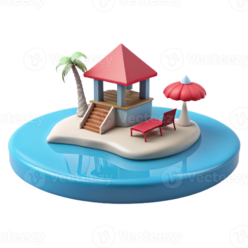 Tropical Island Paradise with Palm Tree, Gazebo, and Beach Chair png