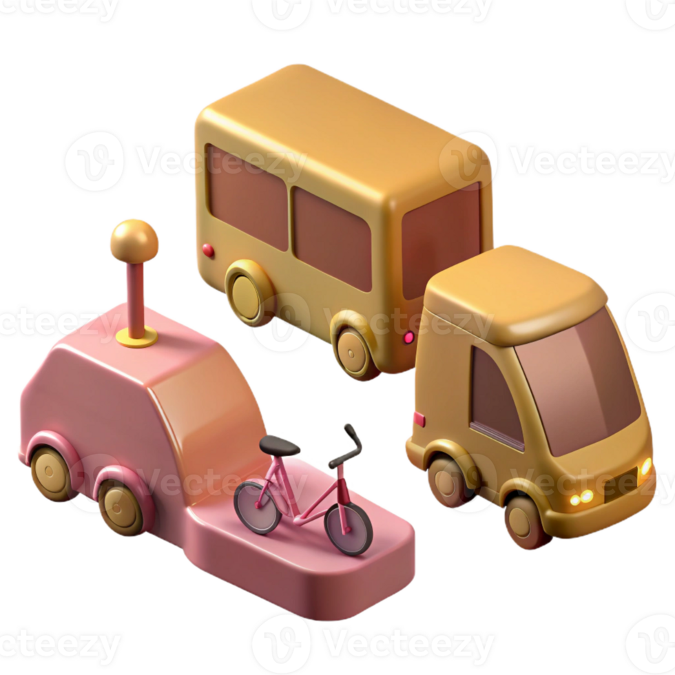 3D Rendered Cartoon Vehicles Bus, Van, and Bicycle png