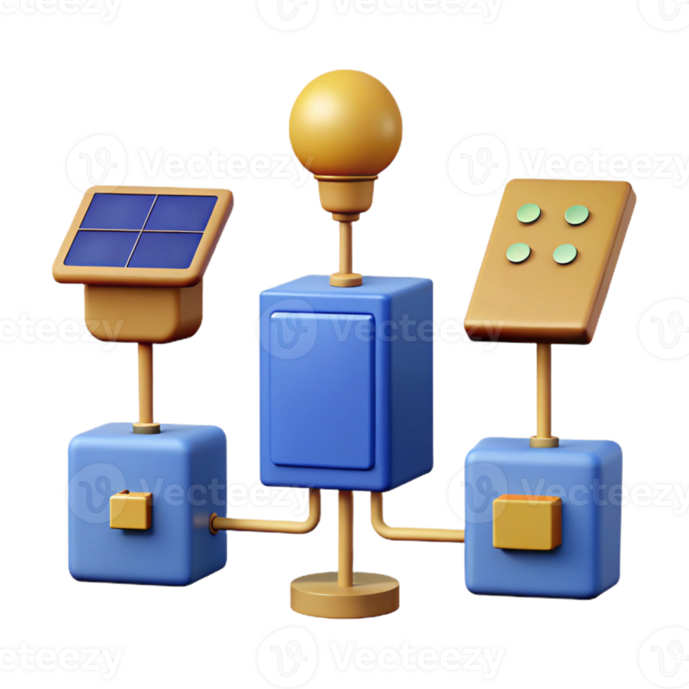 Solar Panel, Light Bulb, and Control Panel Connected by Pipes png