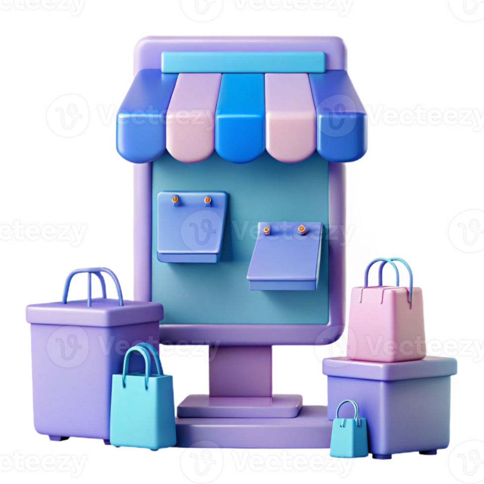3D Cartoon Shopfront with Display Boards and Shopping Bags png