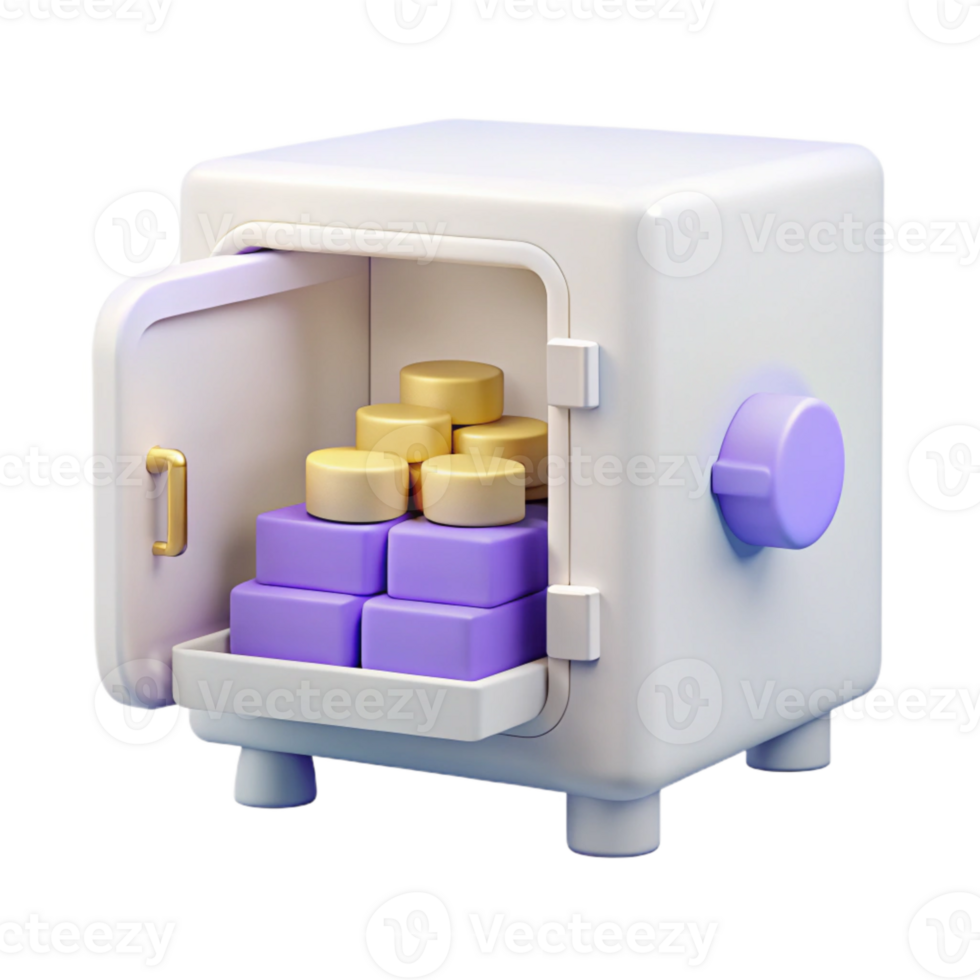 Open Safe with Stack of Gold Coins and Purple Blocks png