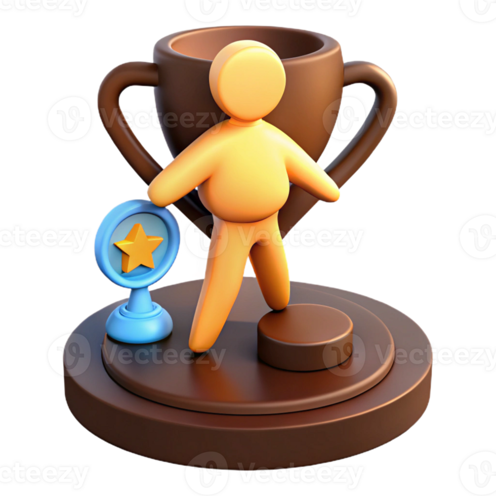 3D Character Standing on a Podium Holding a Trophy png