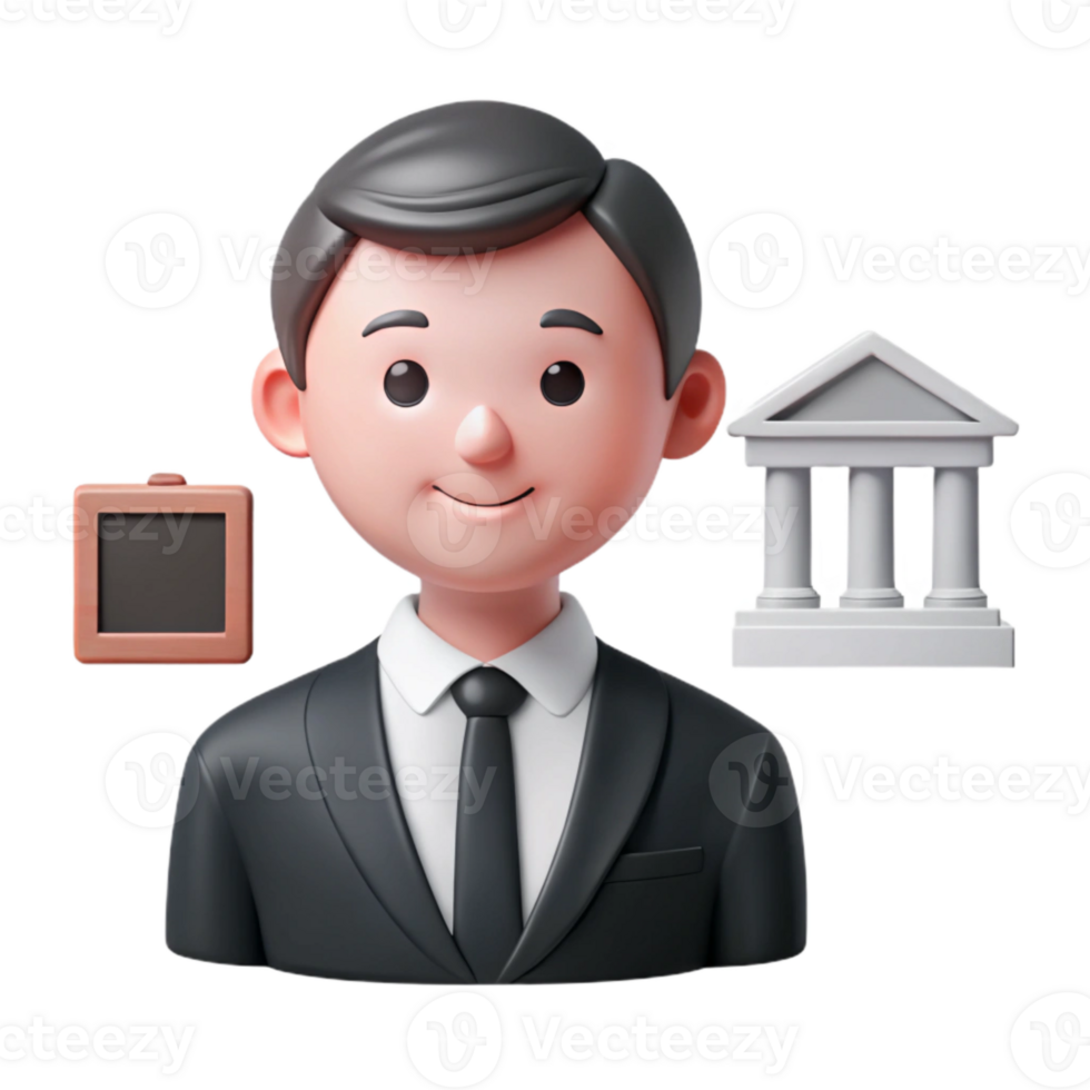 Financial Advisor 3D Illustration Man in Suit with Bank Icon and Blank Sign png