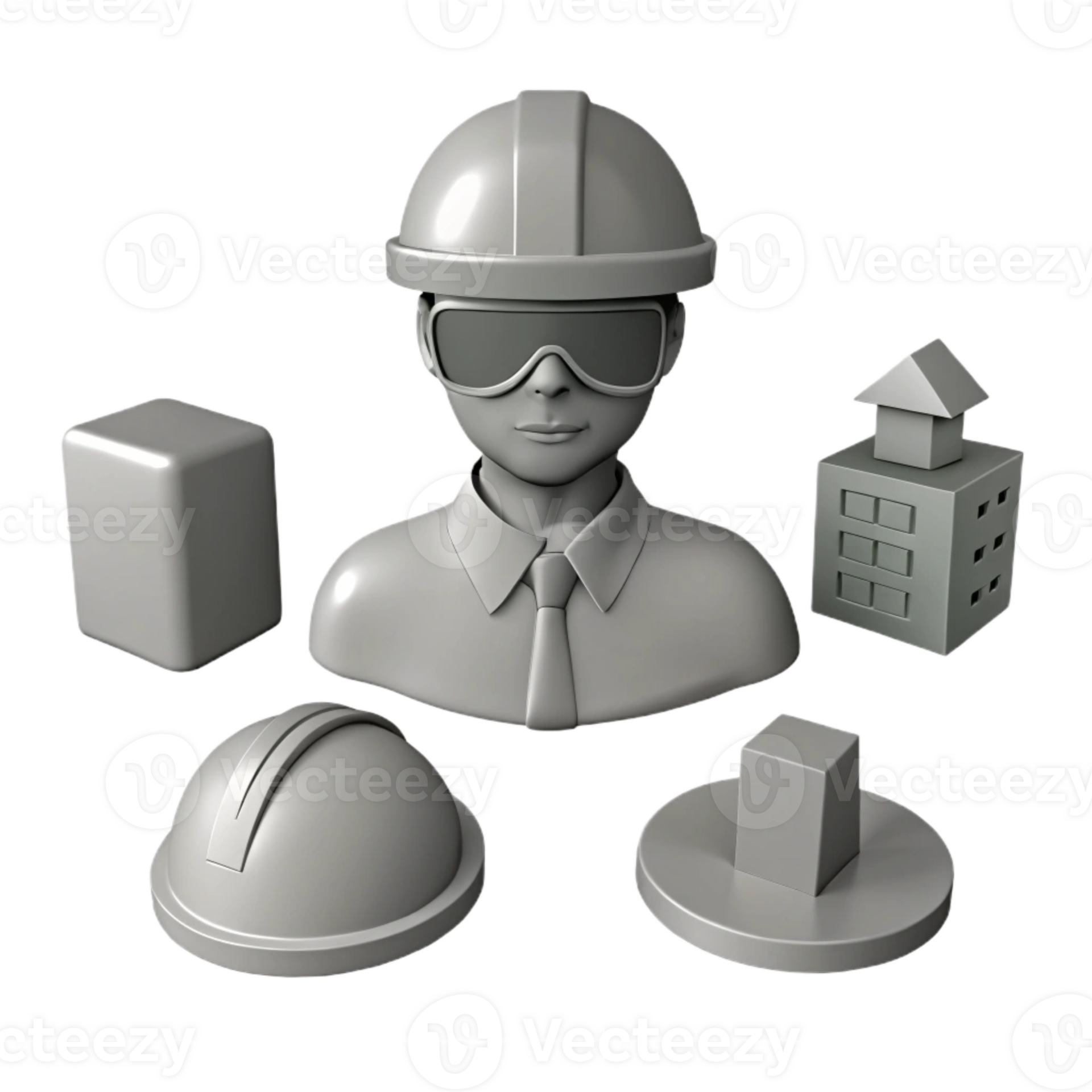 Construction Worker 3D Model with Hardhat, Safety Glasses and Buildings
