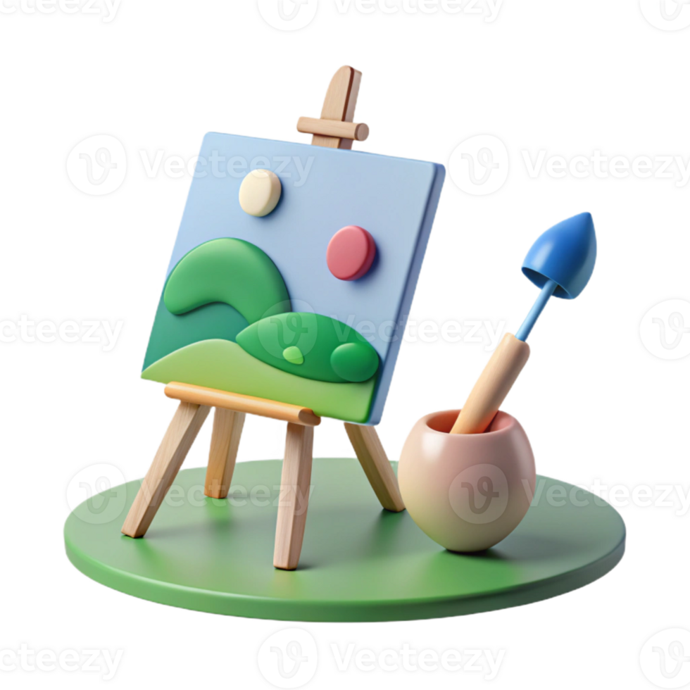 3D Render of an Easel with a Painting and a Paintbrush png