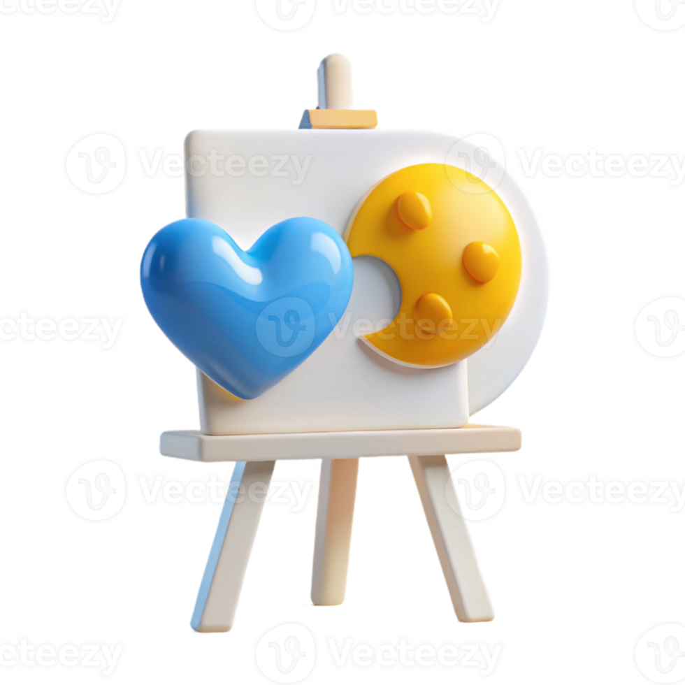 3D Render of Heart and Moon on Easel png