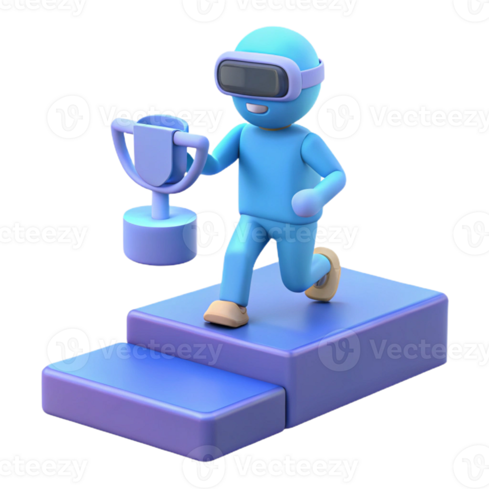 Virtual Reality Success 3D Character Winning Trophy on Podium png