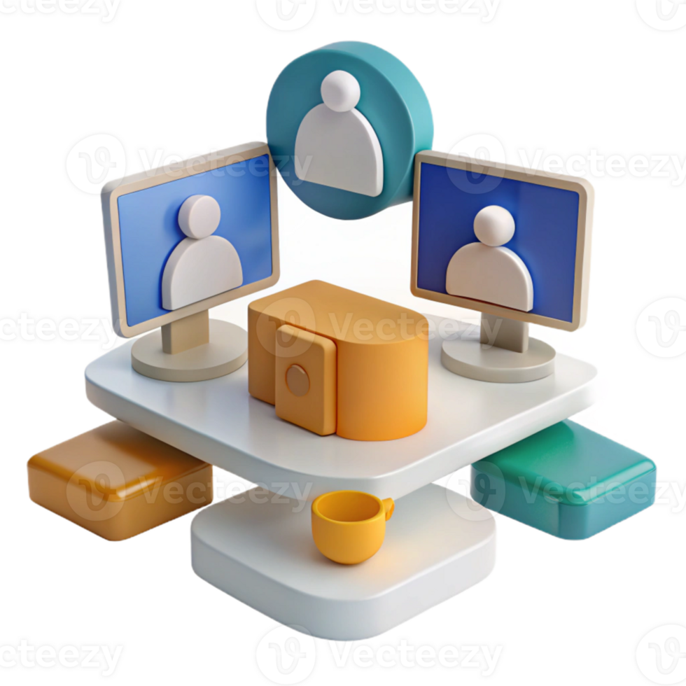 3D Illustration of Online Collaboration with Computers and a Coffee Cup png