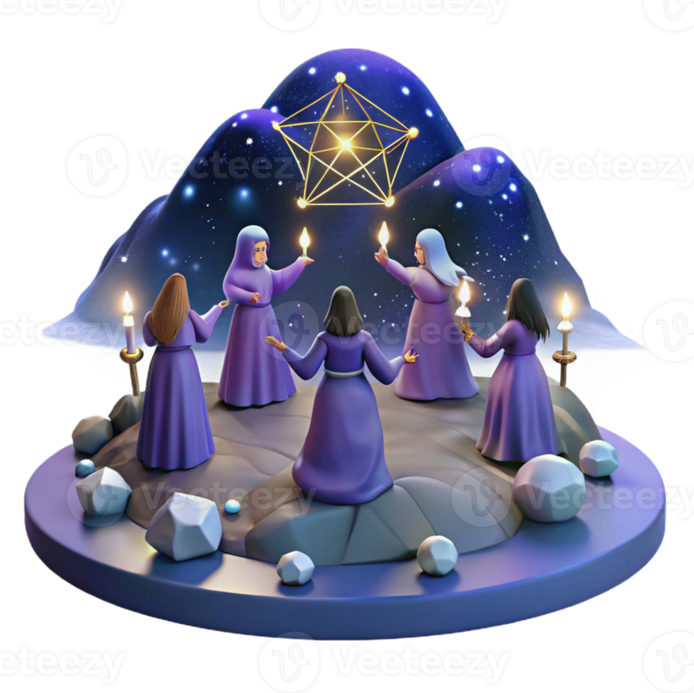 Five Figures Performing Ritual Under Starry Sky png