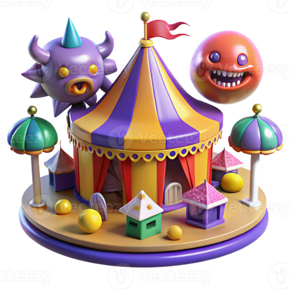 3D Cartoon Circus Tent with Smiling Monster and Colorful Decorations png