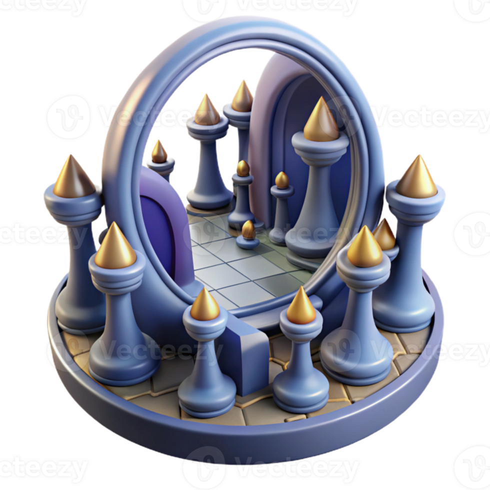 Surreal 3D Scene with Chess Pieces and Mirror Portal png