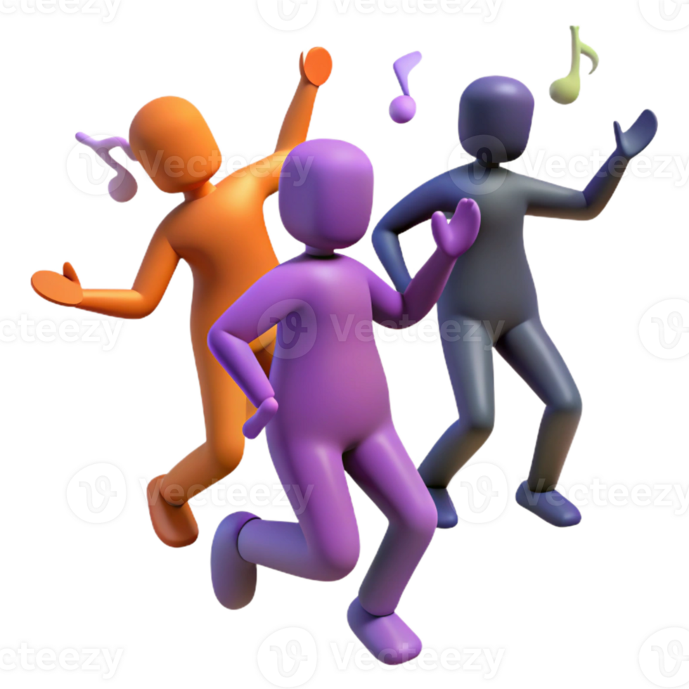 Three 3D Characters Dancing to Music Notes png