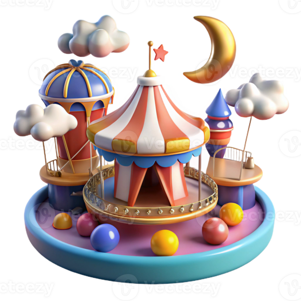 Whimsical Carnival Fun A 3D Illustration of a Colorful Circus png