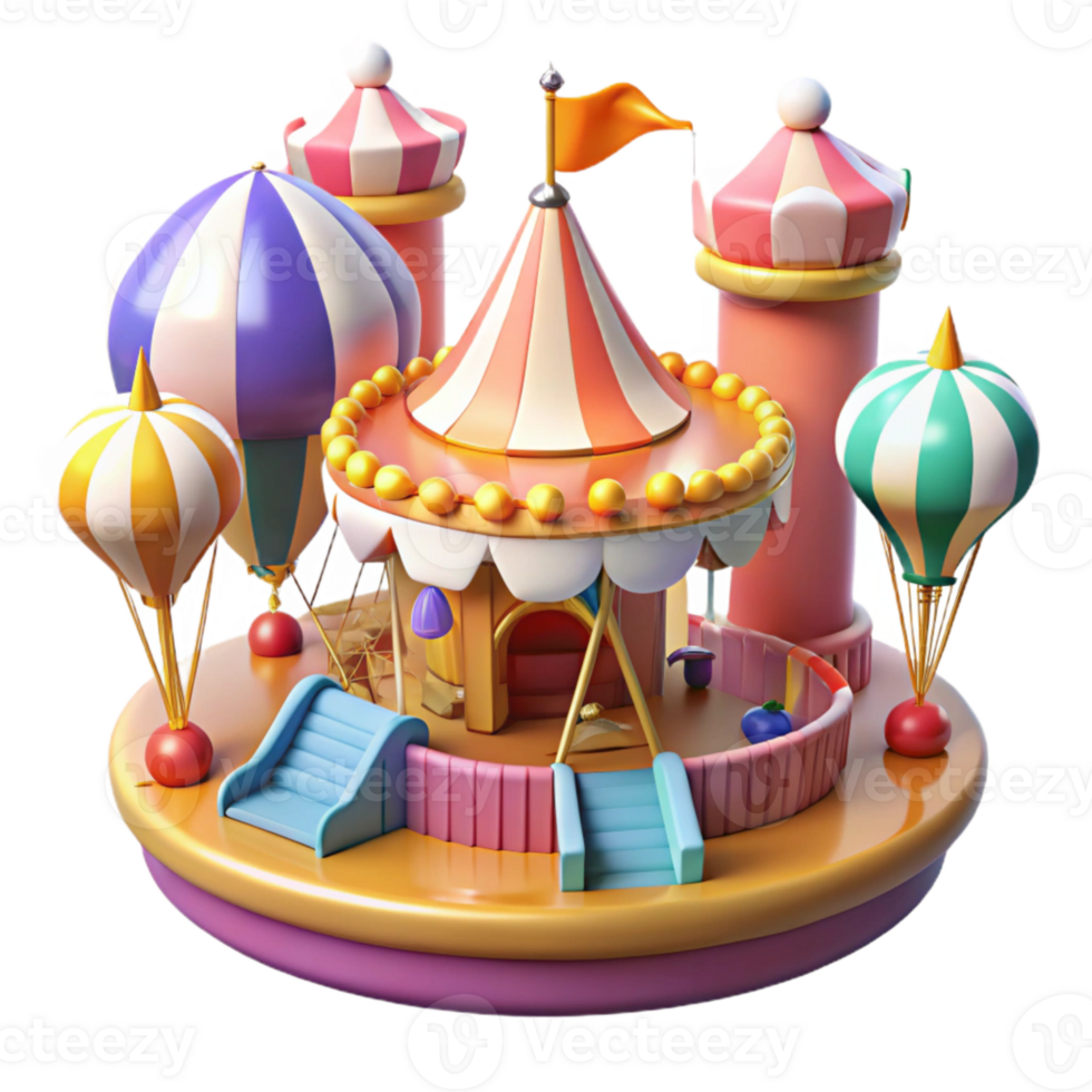 Colorful Cartoon Amusement Park with Hot Air Balloons and Slides png