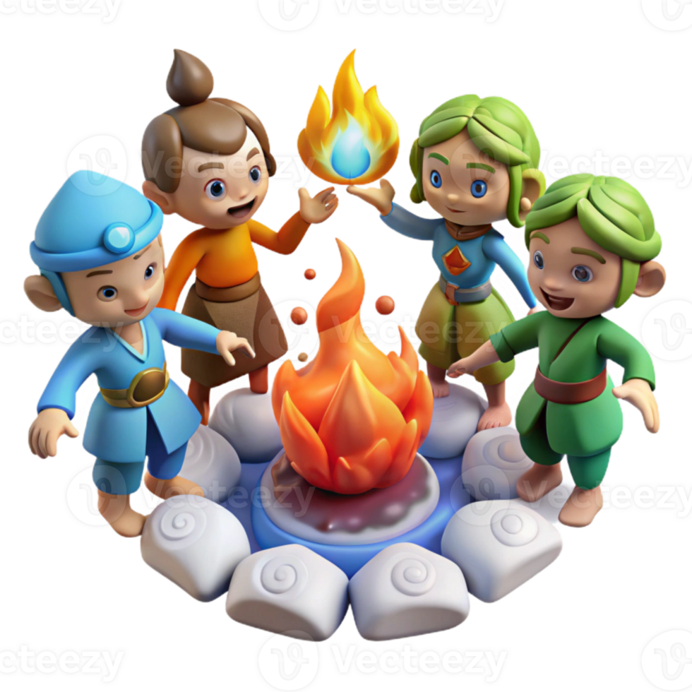Four Cartoon Characters Gather Around A Campfire png