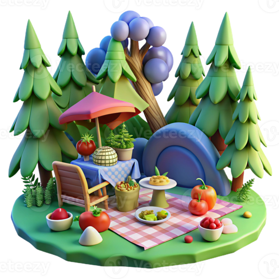 3D Rendered Picnic Scene with Checkered Blanket, Trees, and Food png