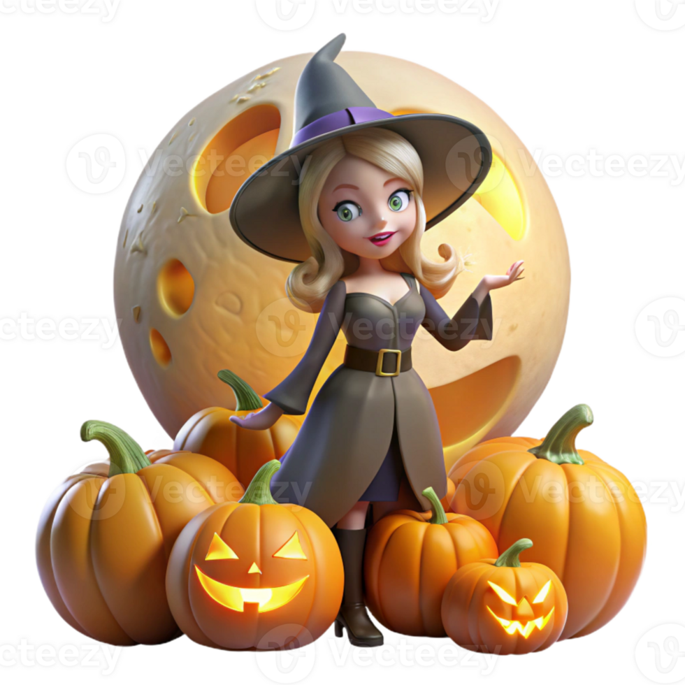 Cute Witch with Pumpkins and a Smiling Moon for Halloween png